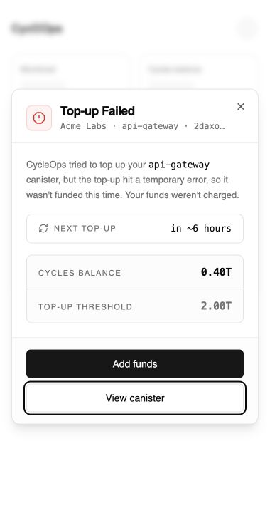 A CycleOps top-up failure alert opened from a push notification.